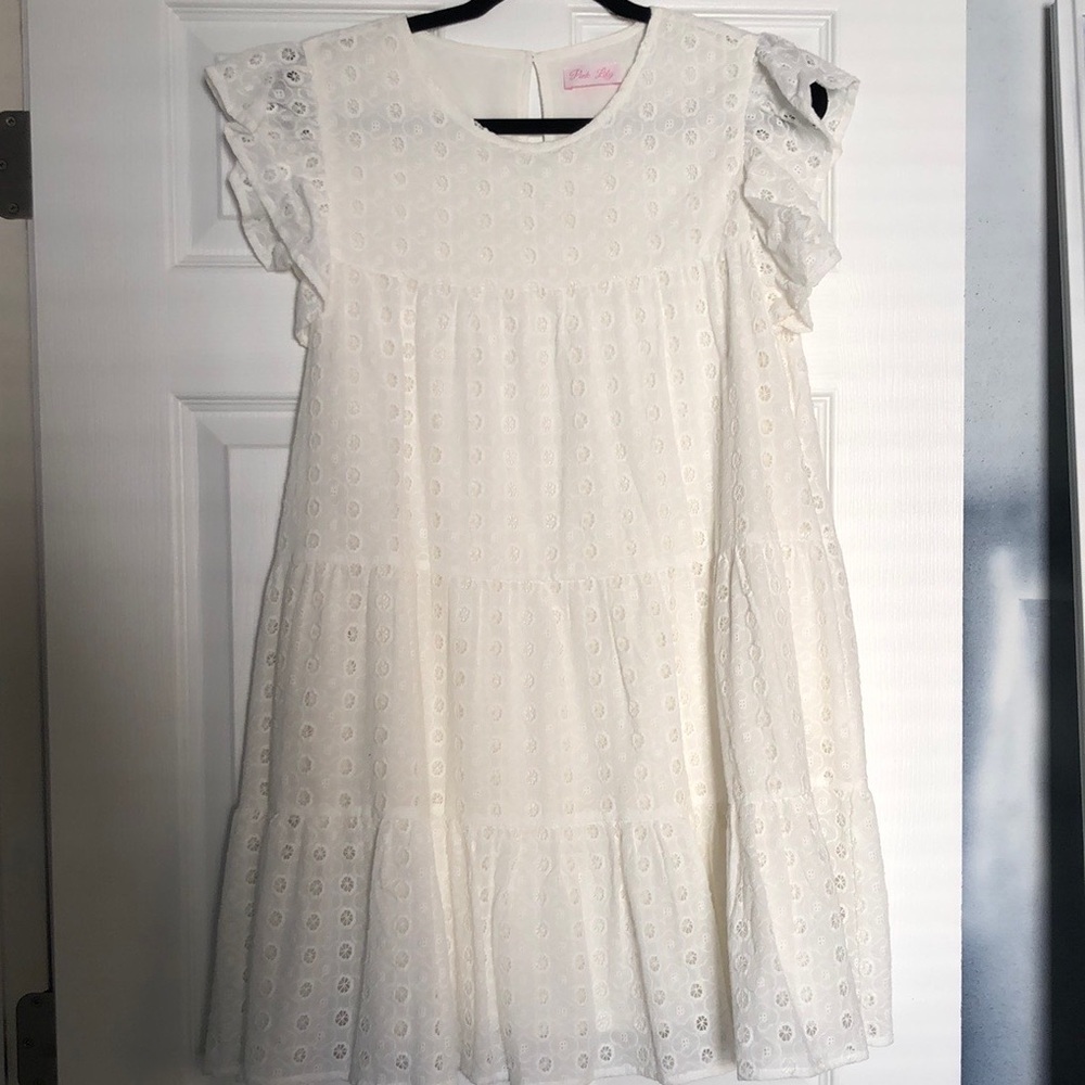 White eyelet pink lily dress
